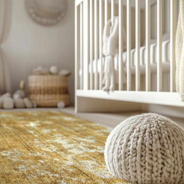 Nærbillede af et designet håndknyttet tæppe lavet af uld med bambussilke.