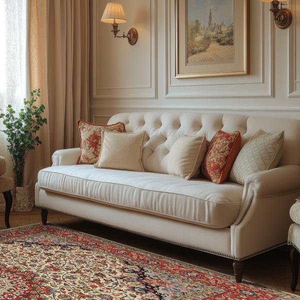 Klassisk stue med cremefarvet Chesterfield-sofa, elegante pyntepuder, Sarough-tæppe med