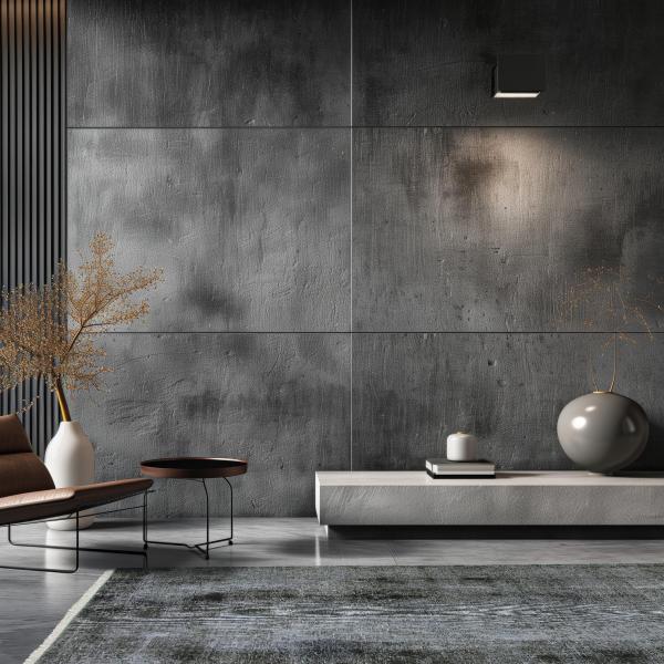 Interior moderno com tapete verde-acinzentado em estilo minimalista