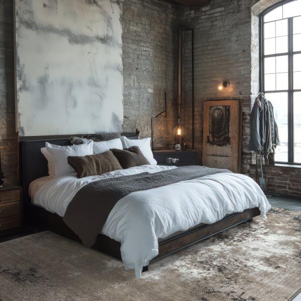 Quarto em estilo industrial com tapete Sadraa Allure em cores naturais