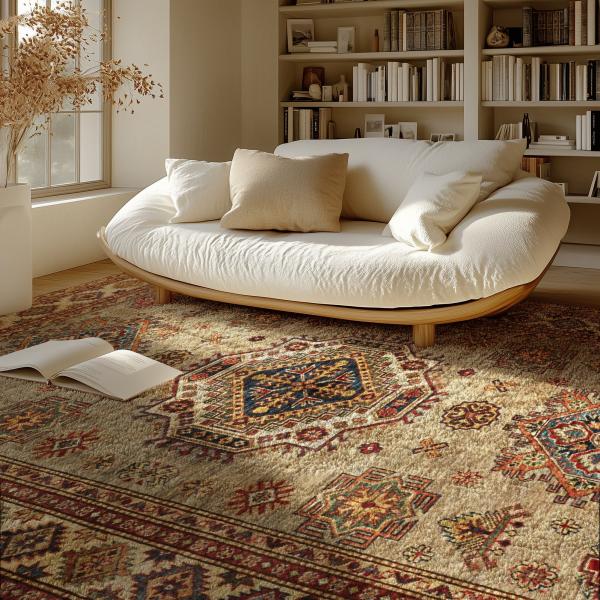 Kazak tæppe i varme jordfarver foran en lys sofa i det hyggelige stue