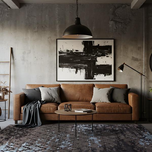 Sala de estar moderna em estilo industrial com tapete Mila Feel, feito à mão, escuro, de lã e viscos