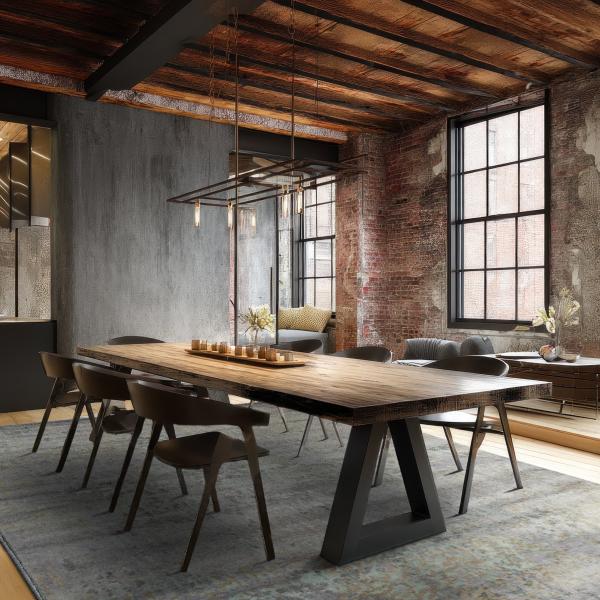 Área de refeições industrial com mesa de madeira rústica e tapete de designer cinza Mila Charm