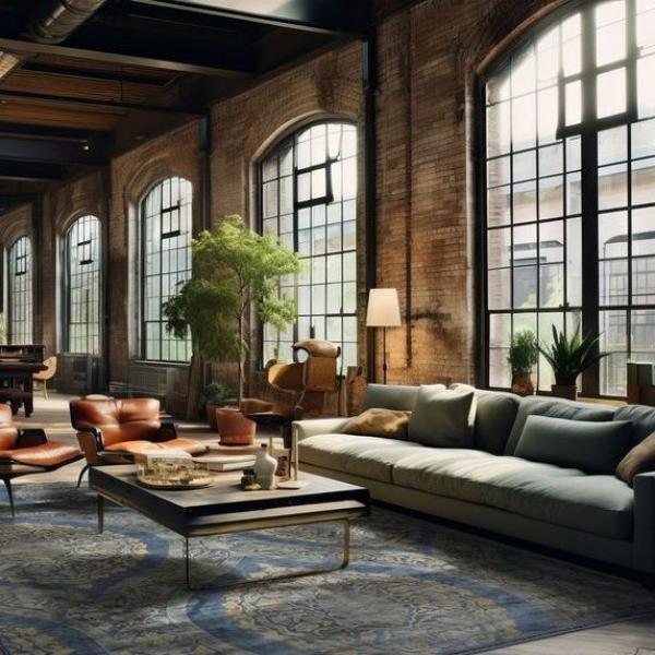 Tapete Sadraa em azul e dourado como destaque no loft industrial