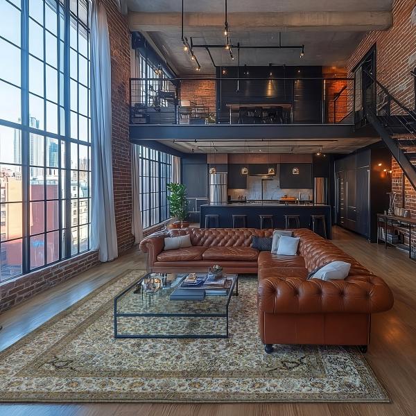 Loft com grandes janelas panorâmicas e tapete clássico Keshan em dourado e bege.