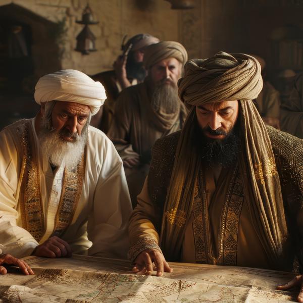 Orientalsk klædte mænd betragter et gammelt kort