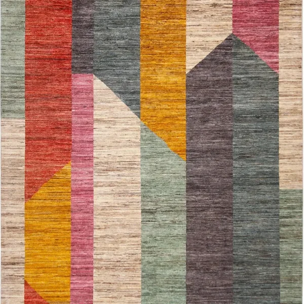 Detaljevisning af et håndvævet design tæppe med geometrisk multicolor mønster i gul, grå, R