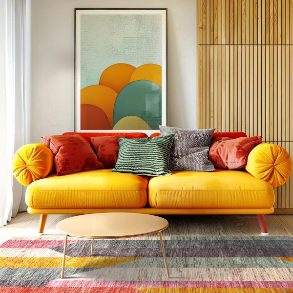 Farverigt stue med moderne multicolor tæppe, gult sofa, dekorative puder og vægdekoration.