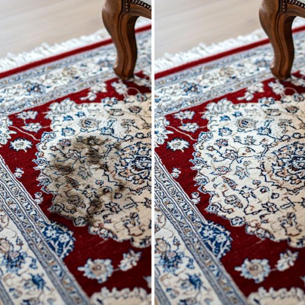 Billede bestående af 2 halvdele: med orientalsk tæppe med pletter, samt et orientalsk tæppe efter re