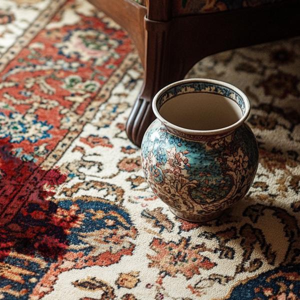 Nærbillede af et orientalsk tæppe med en rødvinsplet og en keramisk vase ovenpå.