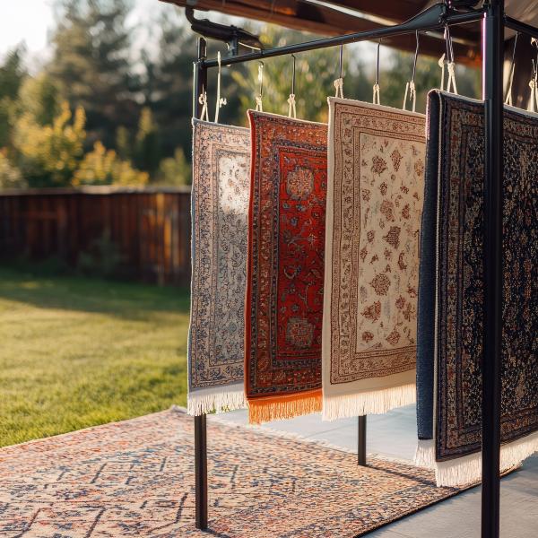 Flere orientalske tæpper i forskellige størrelser hænger i den friske luft på tørrestativet i haven.