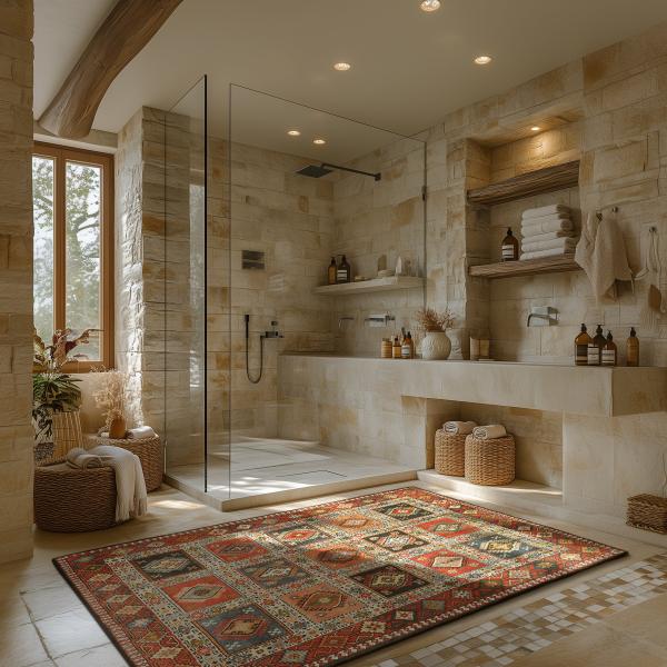 Bad med stenvægge og Yalameh orientalsk tæppe i røde nuancer som stilfuld accent.