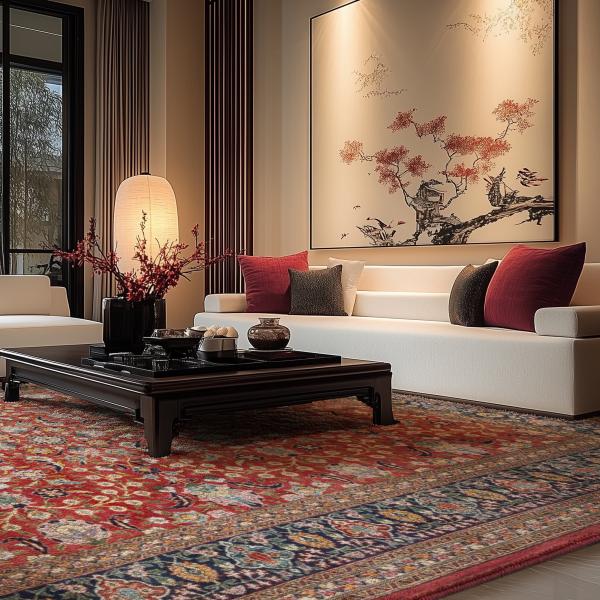 Håndknyttet Ghom orientalsk tæppe i rød og blå under et moderne sofabord i en stil.