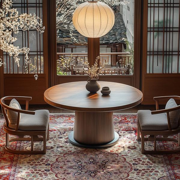 Rundt Holztabel med to stole på et persisk orientalsk tæppe i et traditionelt indrettet rum.