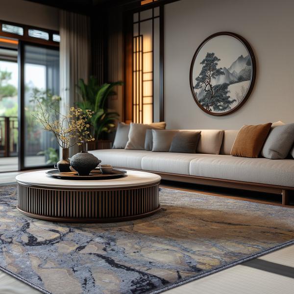 Moderne bolig med håndknyttet Sadraa tæppe i blå- og beige nuancer, rundt design-sofabord.