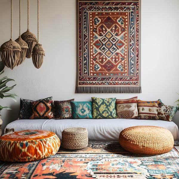 Área de estar boho com tapete kelim feito à mão em cores quentes, tapeçaria de parede em estilo étni
