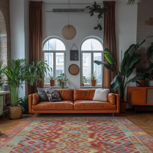 Sala de estar com tapete Boho-Kelim em tons quentes de vermelho, sofá de couro cor conhaque, plantas