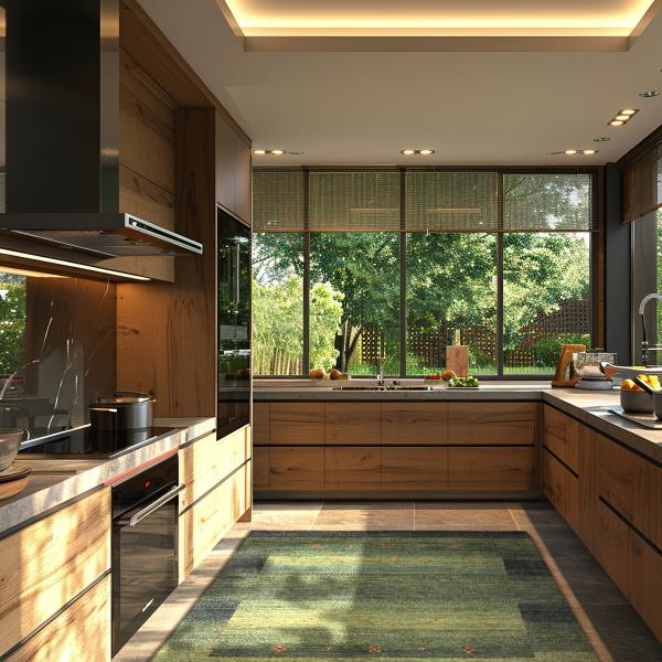 Moderne træ-køkken med persisk Gabbeh Loribaft Atash tæppe i grøntoner foran gulv-til-loft vinduer m