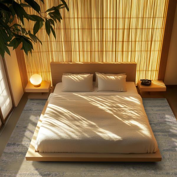 Minimalistisk soveværelse med lyseblå Sadraa design tæppe under en lav træ seng.