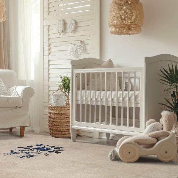 Helles Babyværelse med antik kinesisk Peking tæppe i beige med blåt blomsterdesign, træbarneseng, na