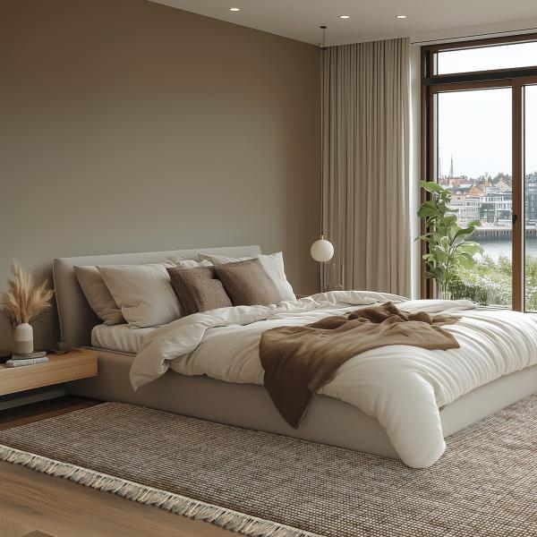 Quarto moderno com tapete de fibras naturais em tons de bege e marrom, janelas do chão ao teto.