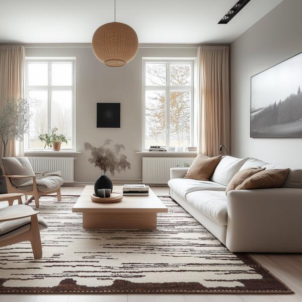 Sala de estar clara com tapete Berber Marroquino Atlas, feito à mão, em creme com padrão castanho, m