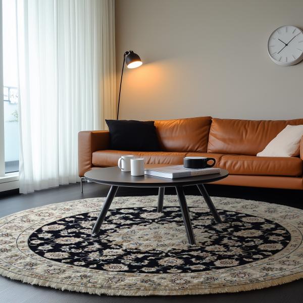 Nain rond 6Le tapis en crème et bleu foncé sous une table basse noire moderne