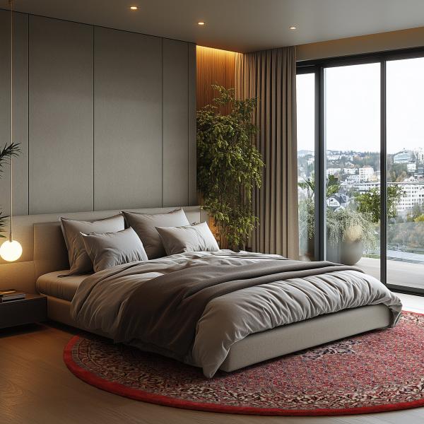 Chambre moderne avec lit boxspring gris, grandes fenêtres et tapis oriental rouge rond.