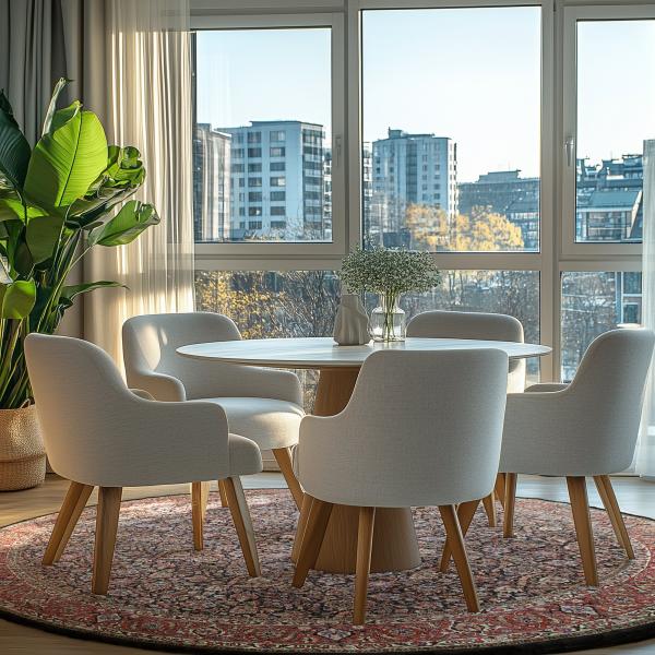 Salle à manger lumineuse avec une table ronde blanche, des chaises rembourrées et un tapis persan ro