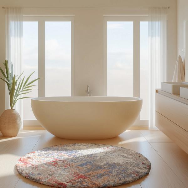 Salles de bains modernes avec baignoire indépendante, tapis rond au design abstrait.