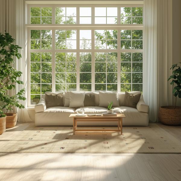 Sala de estar clara com tapete e grandes plantas.