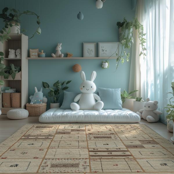 Quarto infantil com tapete Gabbeh em patchwork e peluches.