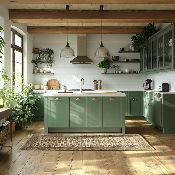 Cozinha em estilo rústico com tapete oriental e ilha verde.