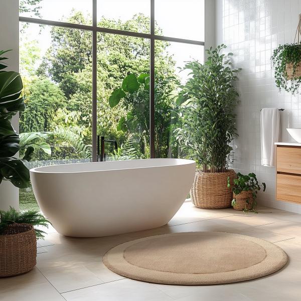 Casa de banho moderna com banheira redonda e tapete do Nepal.