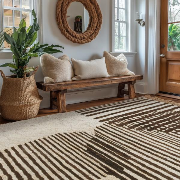 Área de entrada com tapete berbere em design de riscas moderno.