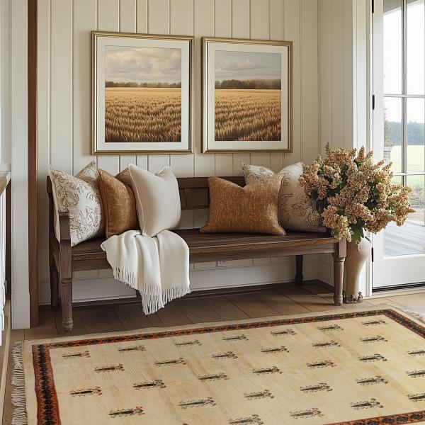 Entréområde med persisk Gabbeh LoriBaft tæppe og landhusbænk.