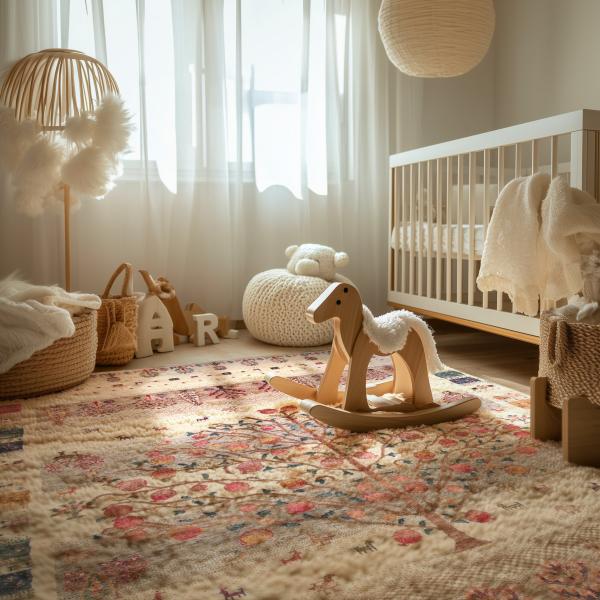 Børneværelse med Gabbeh LoriBaft tæppe og trælegetøj.