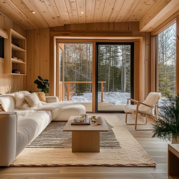 Moderne stue med berber tæppe og vægge af træ.