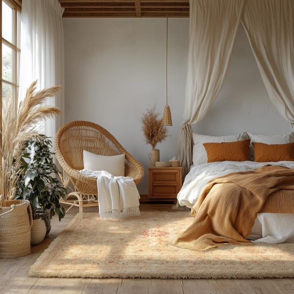 Boho-soveværelse med Indio-tæppe og naturlige accenter.