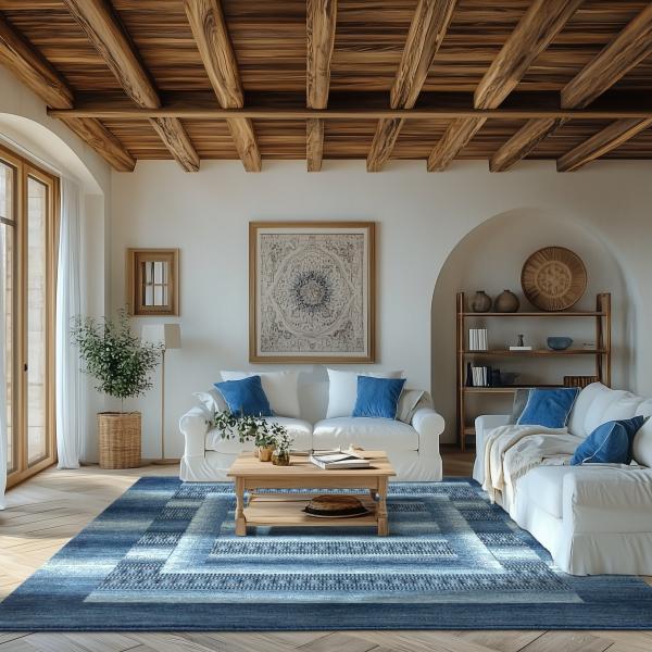 Mediterransk bostad med en rektangulär persisk Gabbeh Loribaft Atash i blå toner.