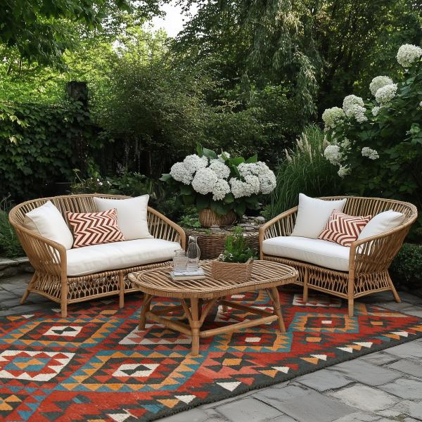 Salon avec tapis Kelim à motif écossais vert