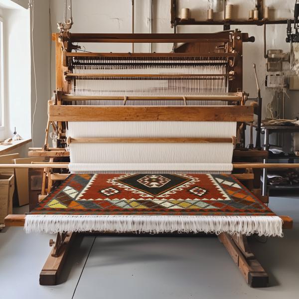 Métier à tisser manuel avec tapis traditionnel en cours de fabrication
