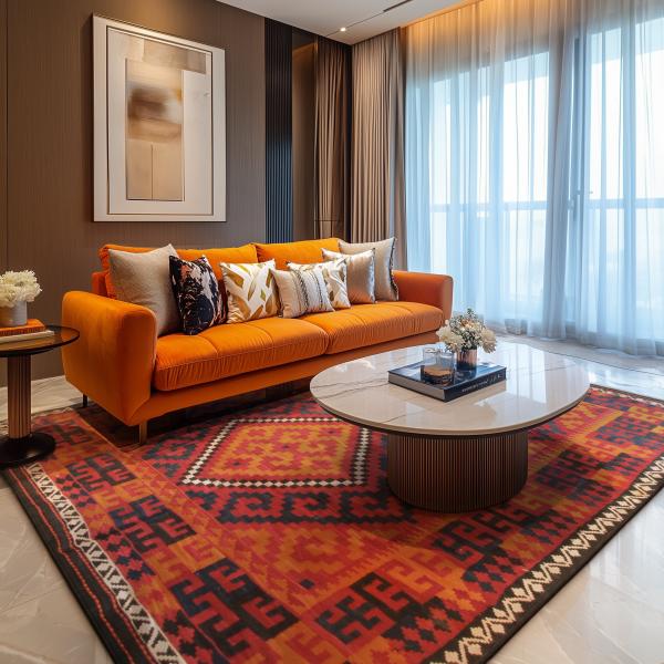 Salon moderne avec tapis antique Kelim afghan et canapé design.