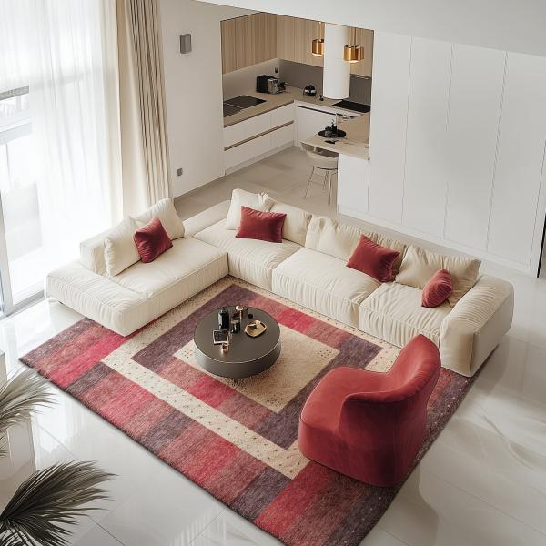 Moderne stue med Loom Gabbeh Lori tæppe og cremefarvet sofa.