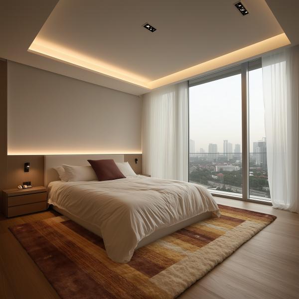 Moderne soveværelse med Loom Gabbeh tæppe og udsigt over byen.