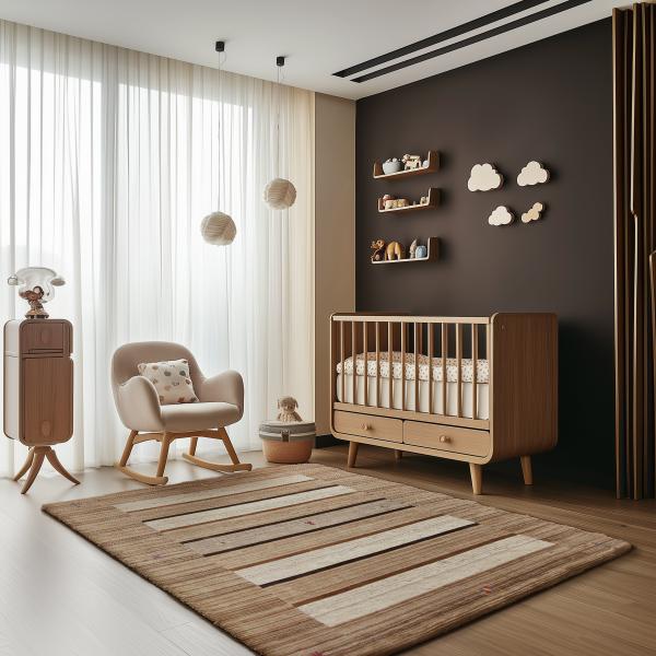 Moderne babyværelse med Loom Gabbeh Lori tæppe og trædetaljer.