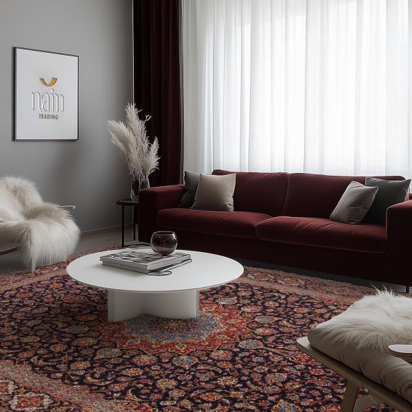 Hand-knotted Keshan Persian rug in red and blue