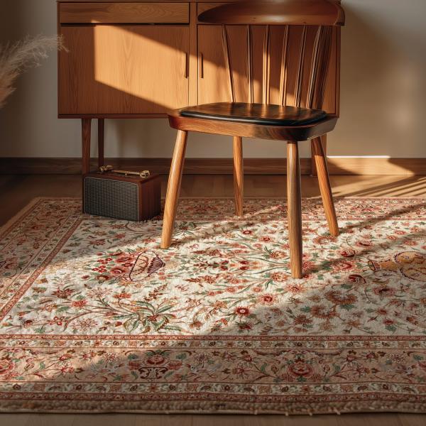 Classic Isfahan Persian rug with silk chain in beige, red and green.