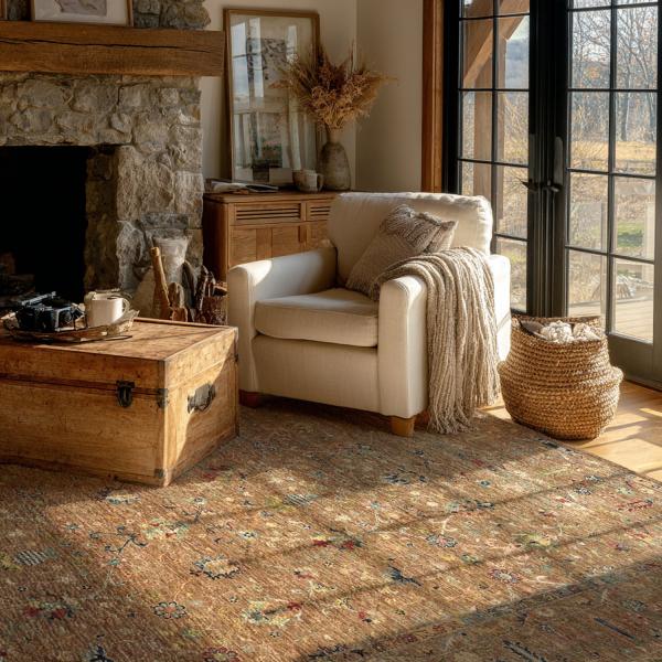 Tapete oriental castanho com detalhes coloridos como destaque na sala da lareira.