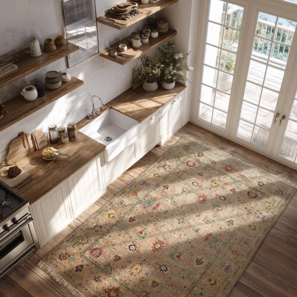 Tapete Ziegler feito à mão em bege com padrões coloridos em uma cozinha de campo clara.